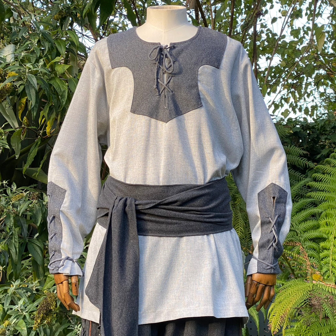 Elven LARP shirt detail with lace-up cuffs and layered sash.