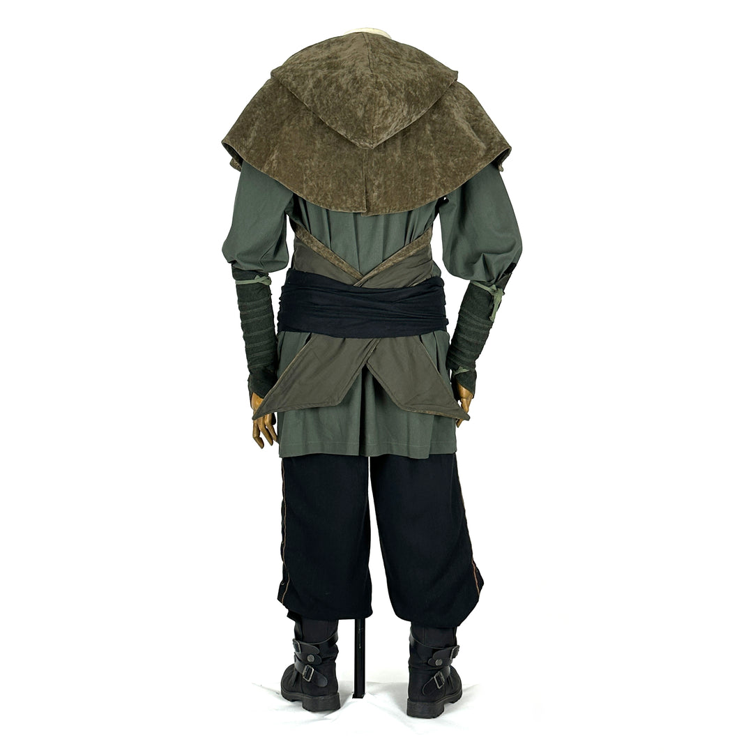 Back view of green and black medieval LARP outfit with hood and arm wraps.