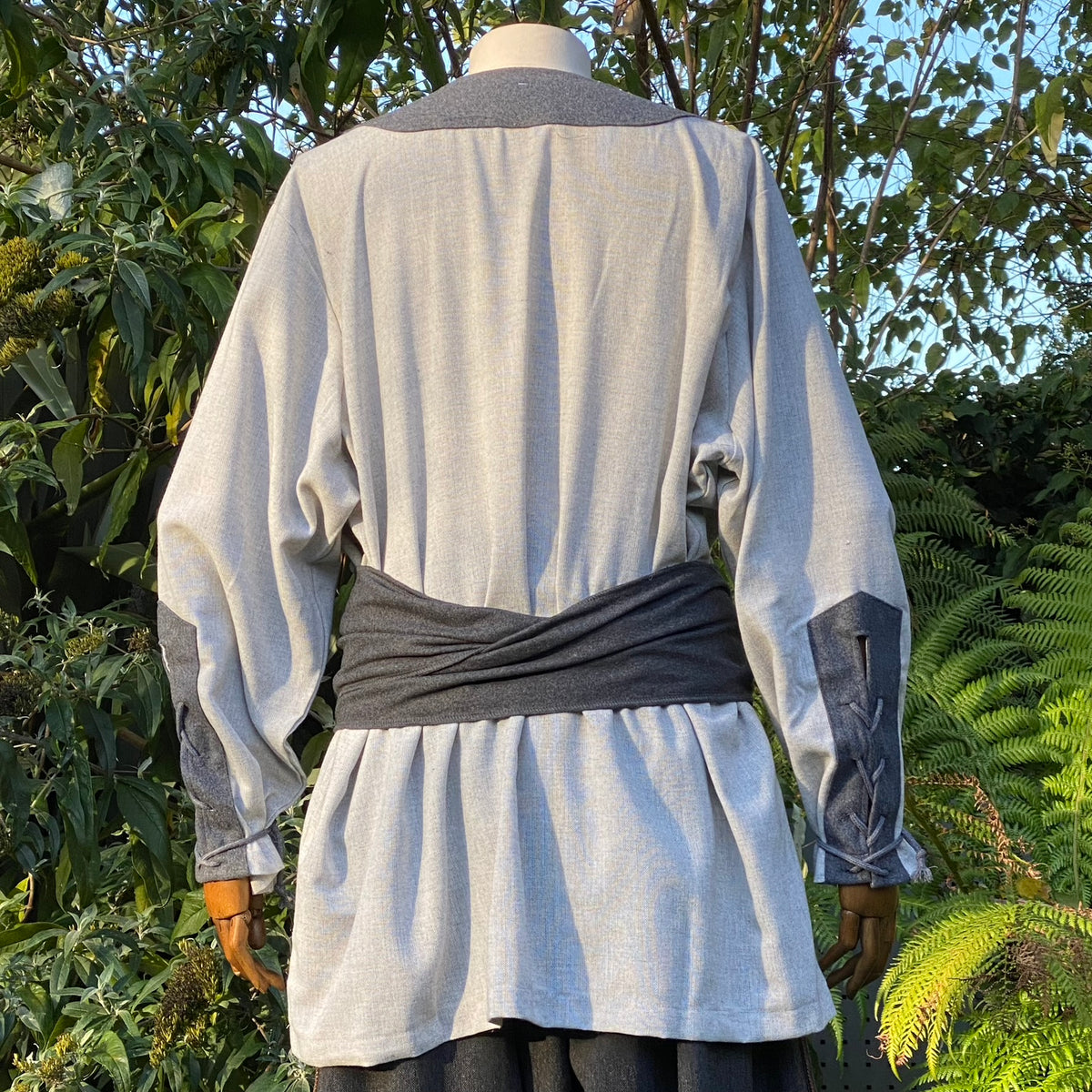 Back view of grey LARP outfit, detailed sash and sleeves.
