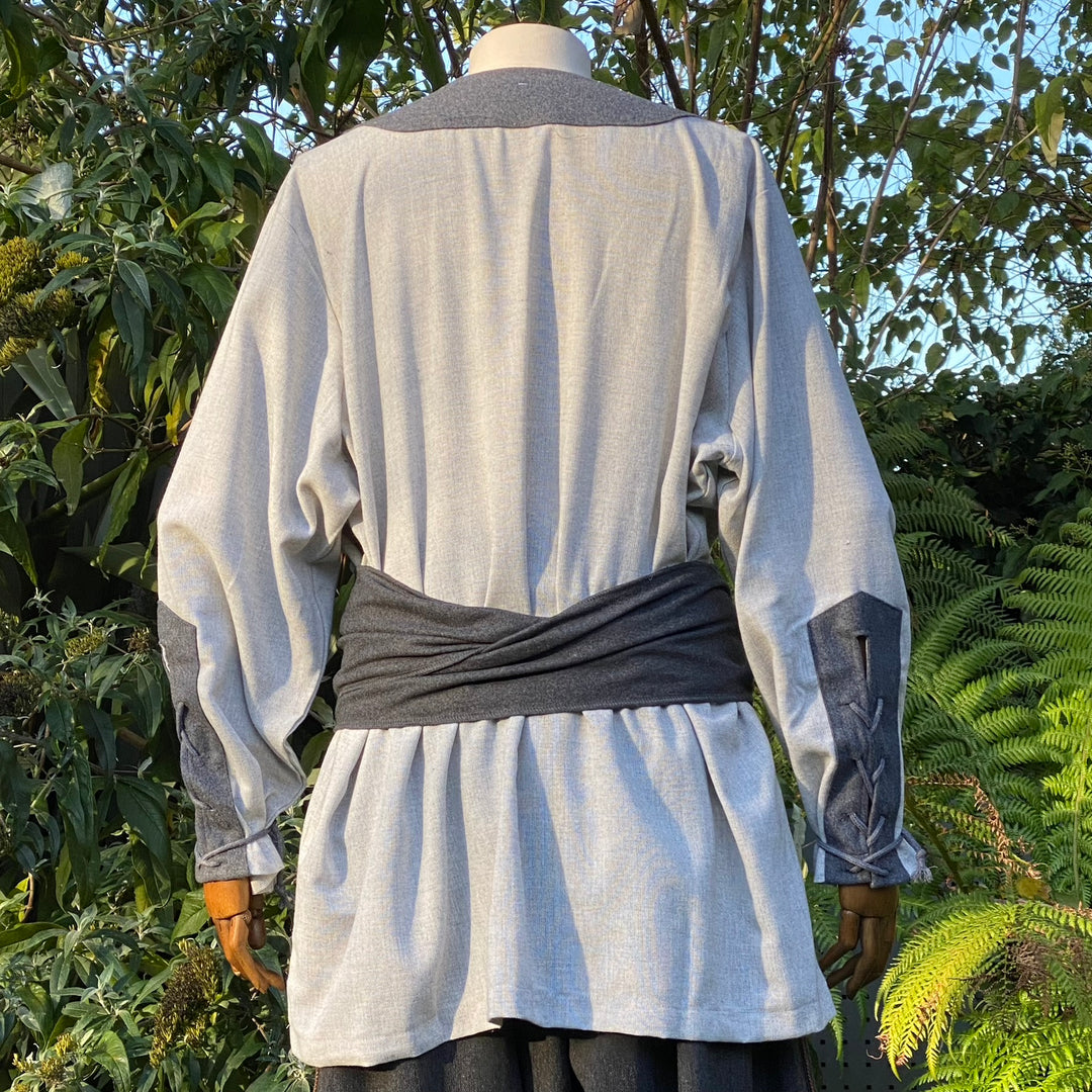 Back view of grey LARP outfit, detailed sash and sleeves.