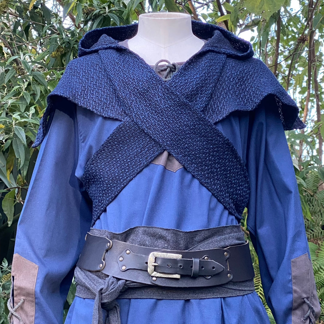 Blue and grey LARP mantle set with cross-patterned hood, leather belt detail.