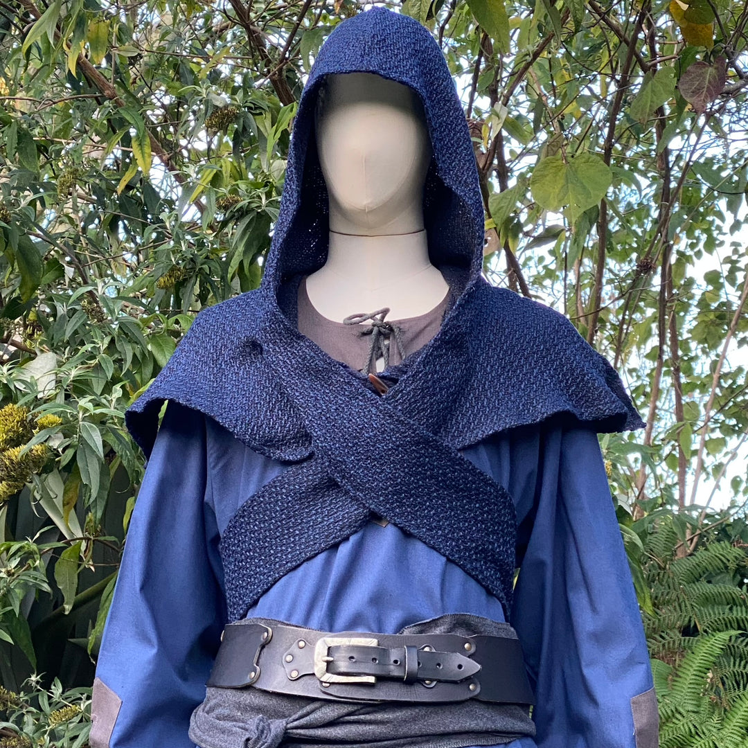 Blue Ocean Druid medieval LARP costume with hood, tunic, and belt.