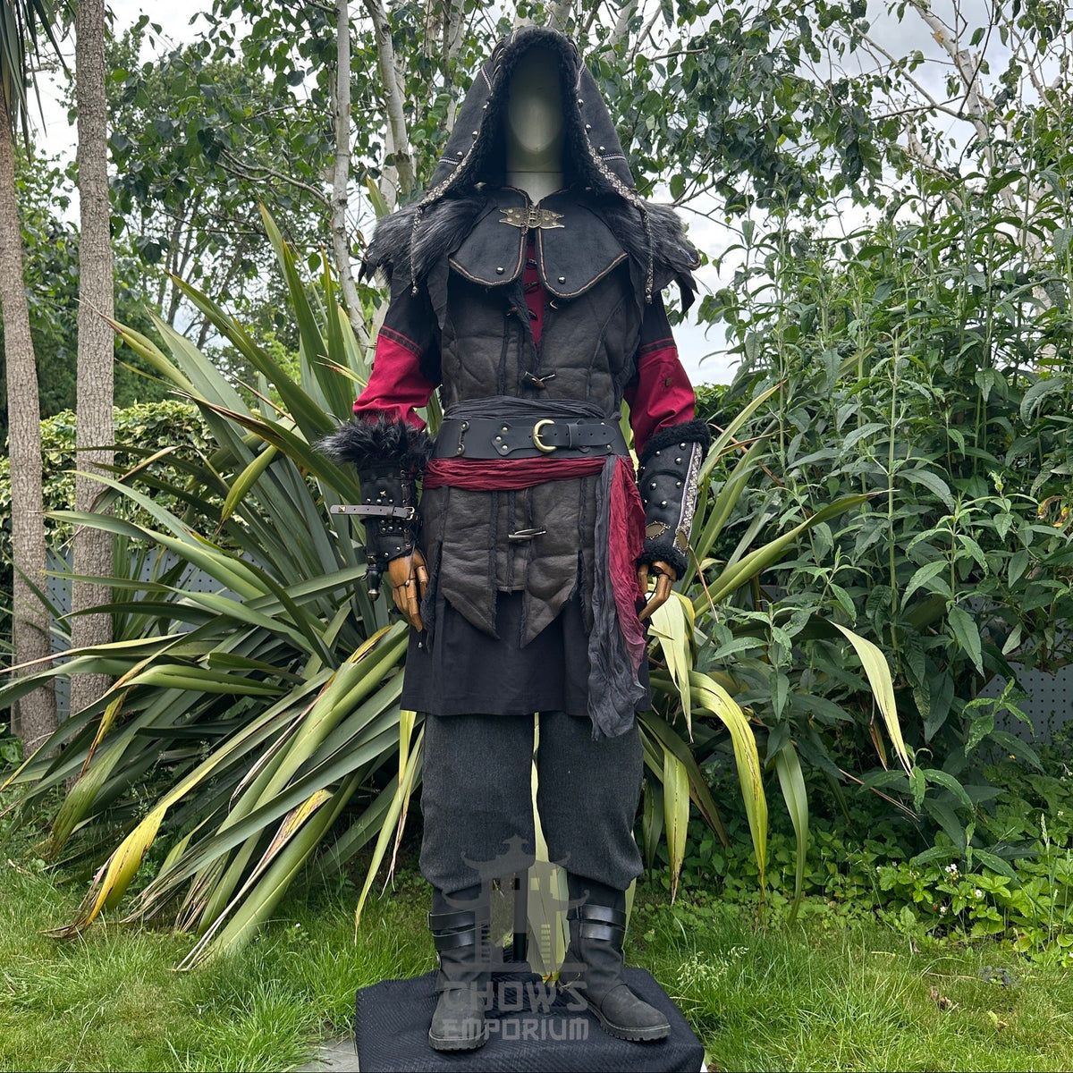 Medieval LARP outfit front view, featuring an ornate hood, waistcoat, tunic, trousers.