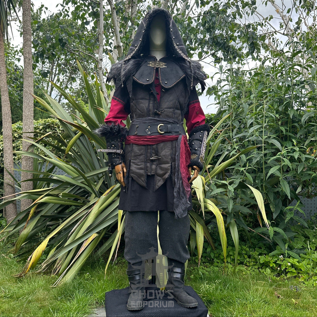 Medieval LARP outfit front view, featuring an ornate hood, waistcoat, tunic, trousers.