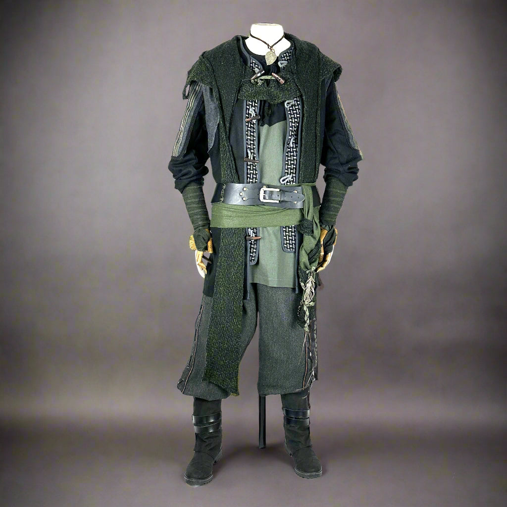 Medieval LARP costume front view featuring a jacket, tunic, hood, pants, and accessories.