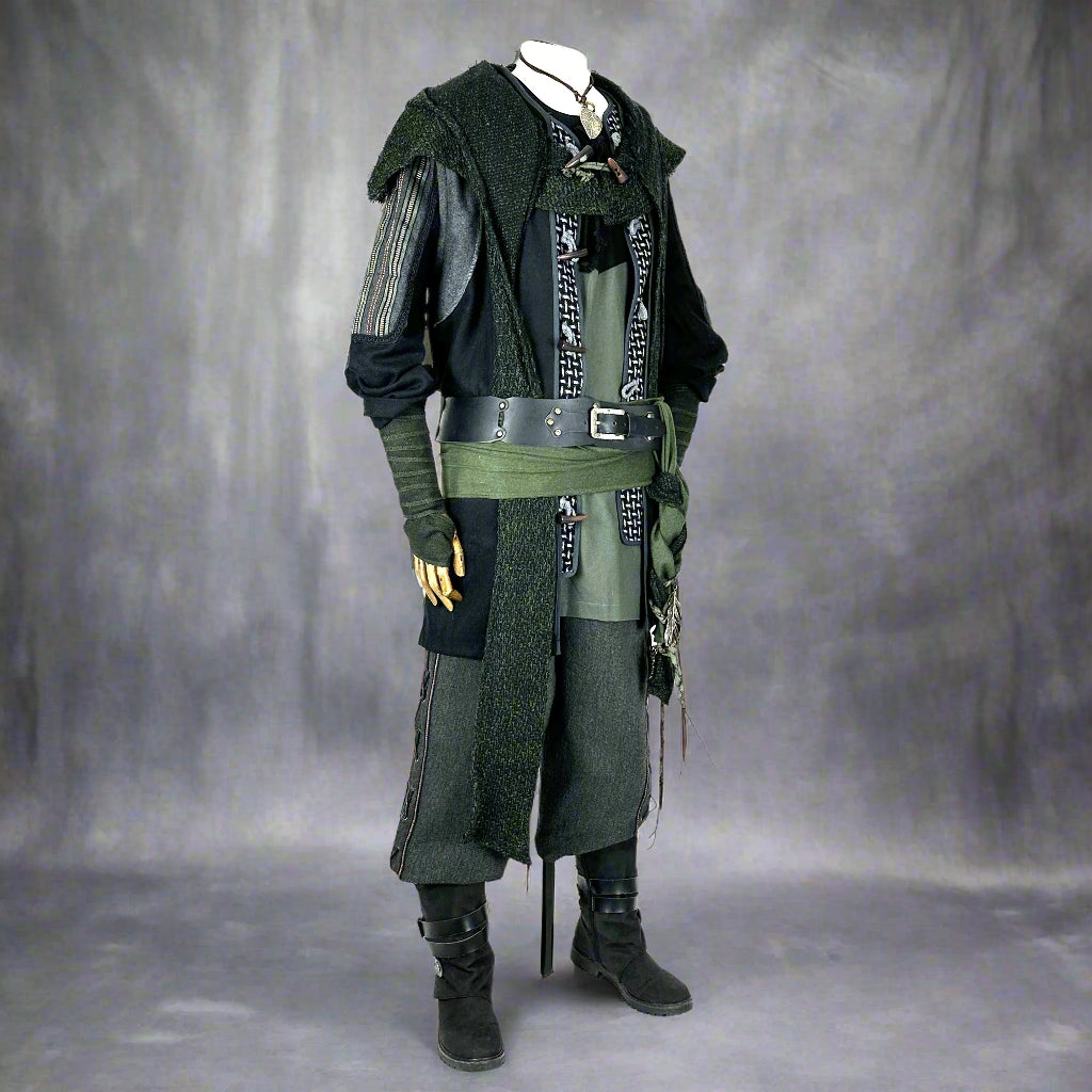 Medieval LARP costume side view featuring a jacket, tunic, hood, pants, and accessories.