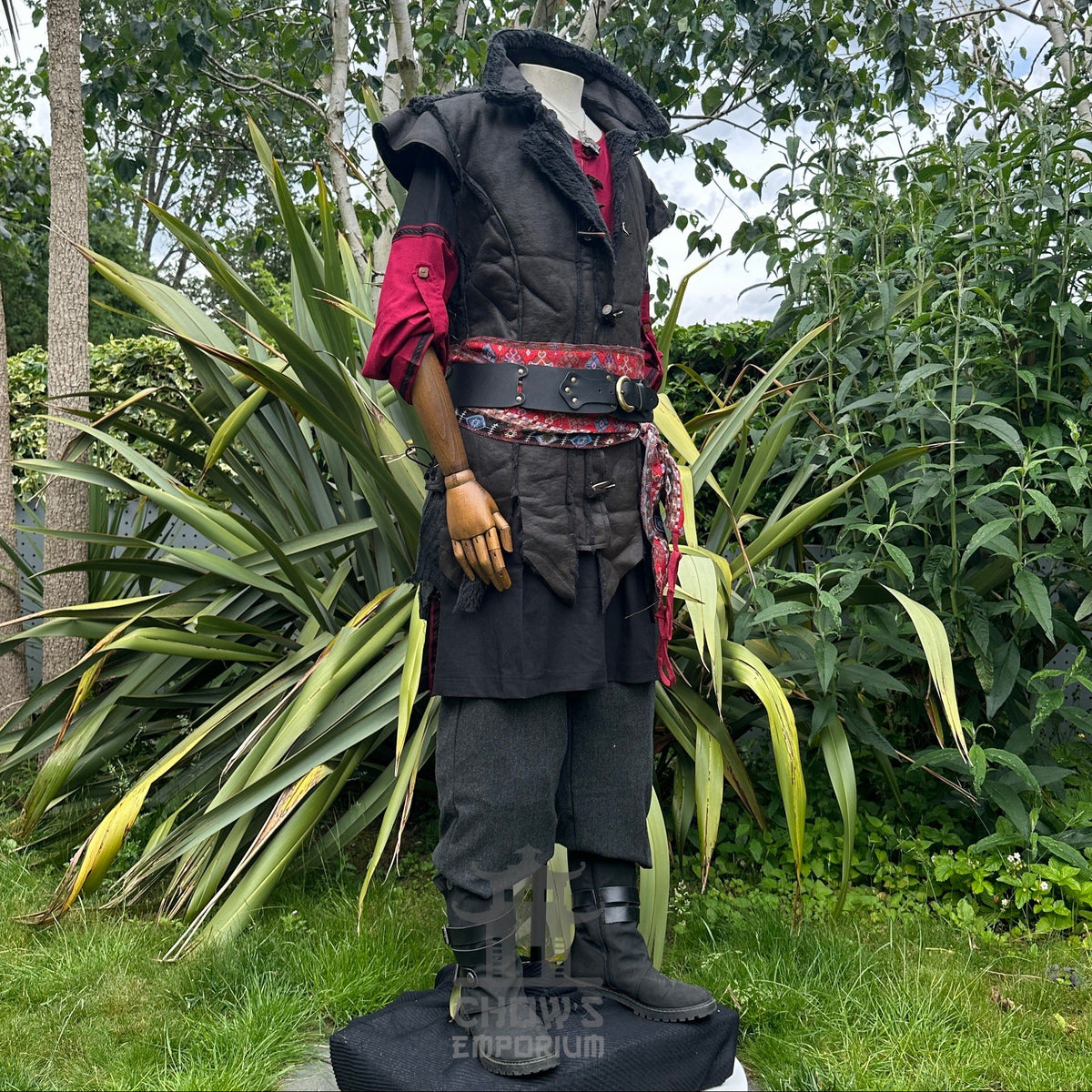Medieval LARP outfit front view, red shirt, layered belts.