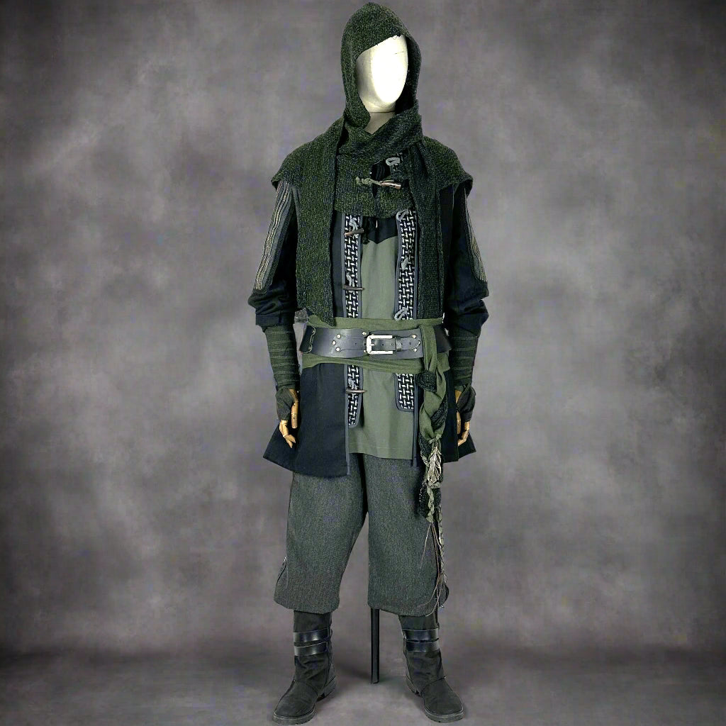 Medieval LARP set with green hood, dark jacket, grey pants, front view.
