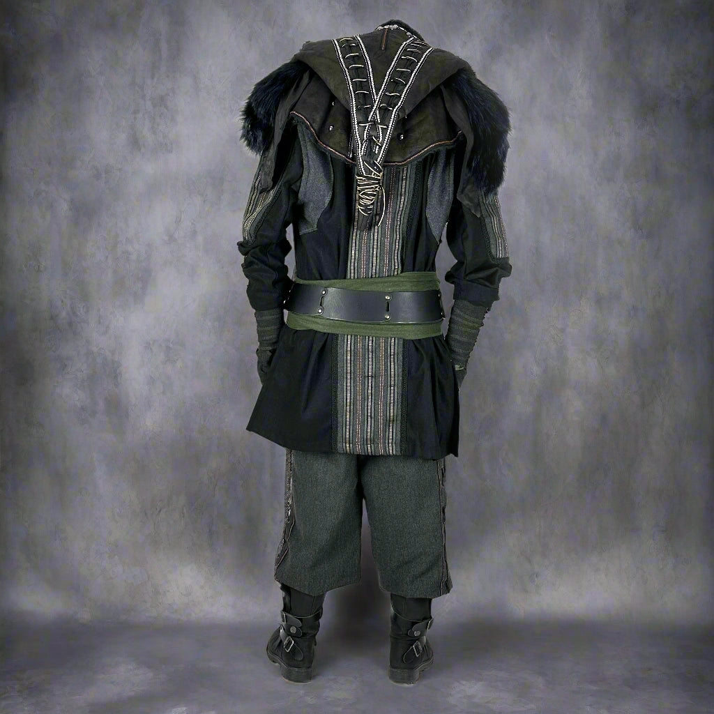 Medieval LARP costume back view featuring a jacket, hood, vambraces, shirt, pants, and sash.