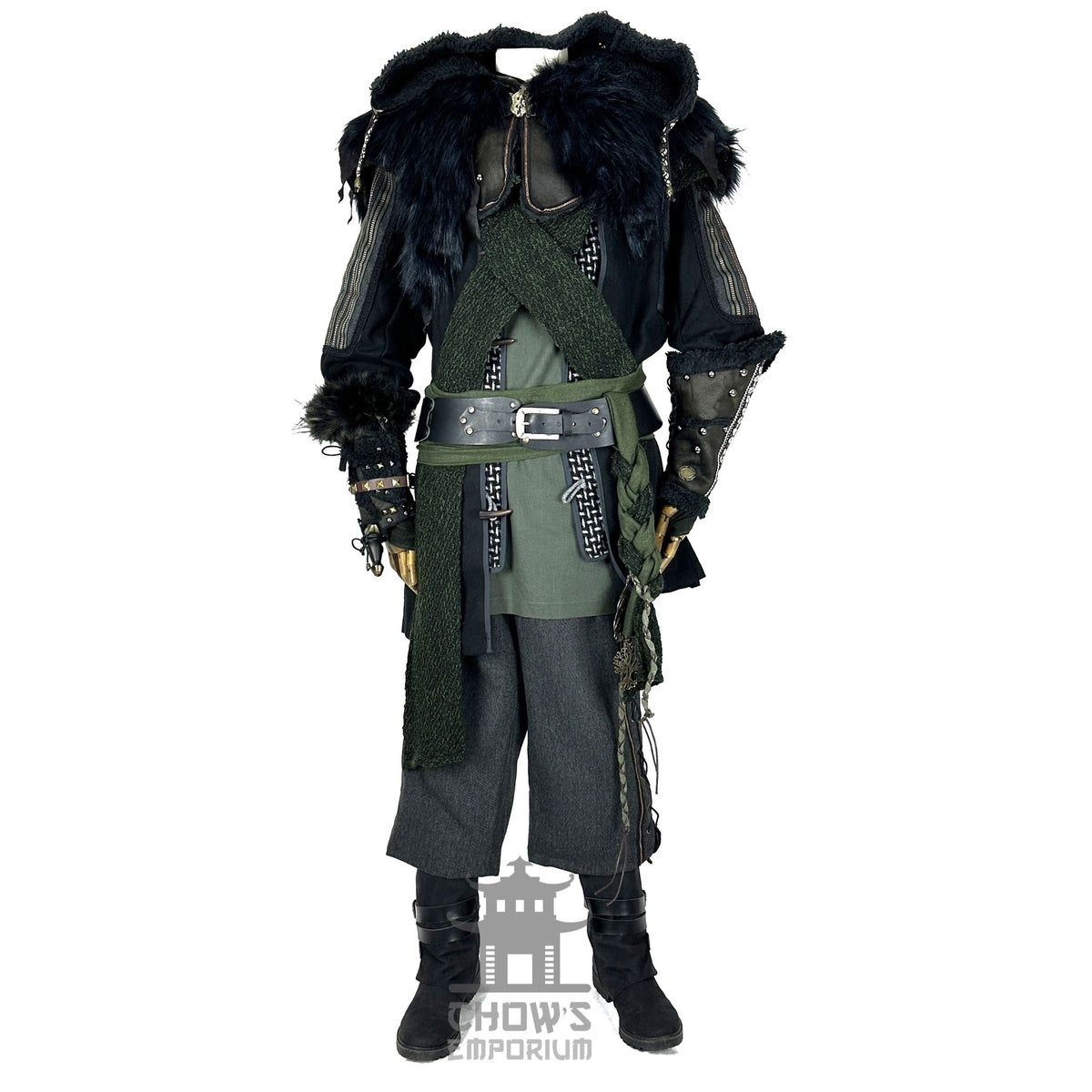 Master Mountain Druid LARP set with green tunic, black fur hood, front view.