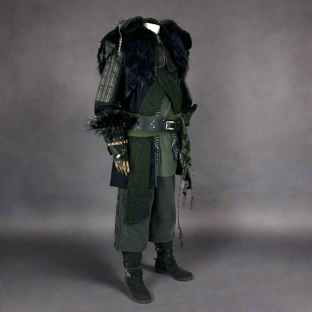 Medieval LARP costume side view featuring a jacket, hood, vambraces, shirt, pants, and sash.