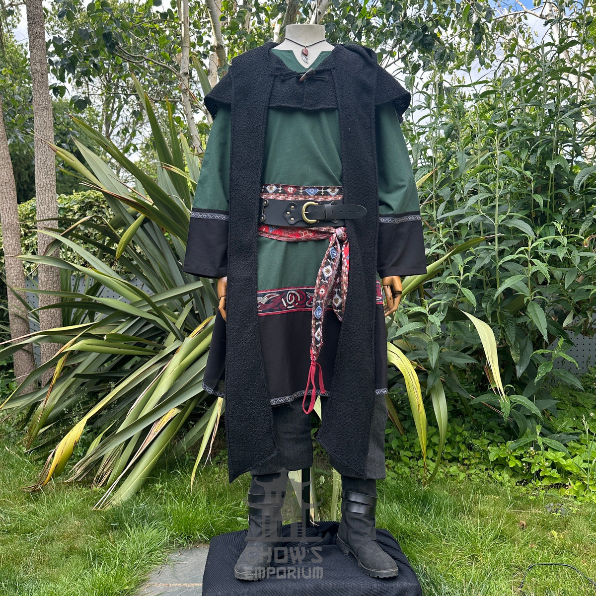 Green and black LARP medieval outfit with tunic, hood, trousers, sash. Front view.