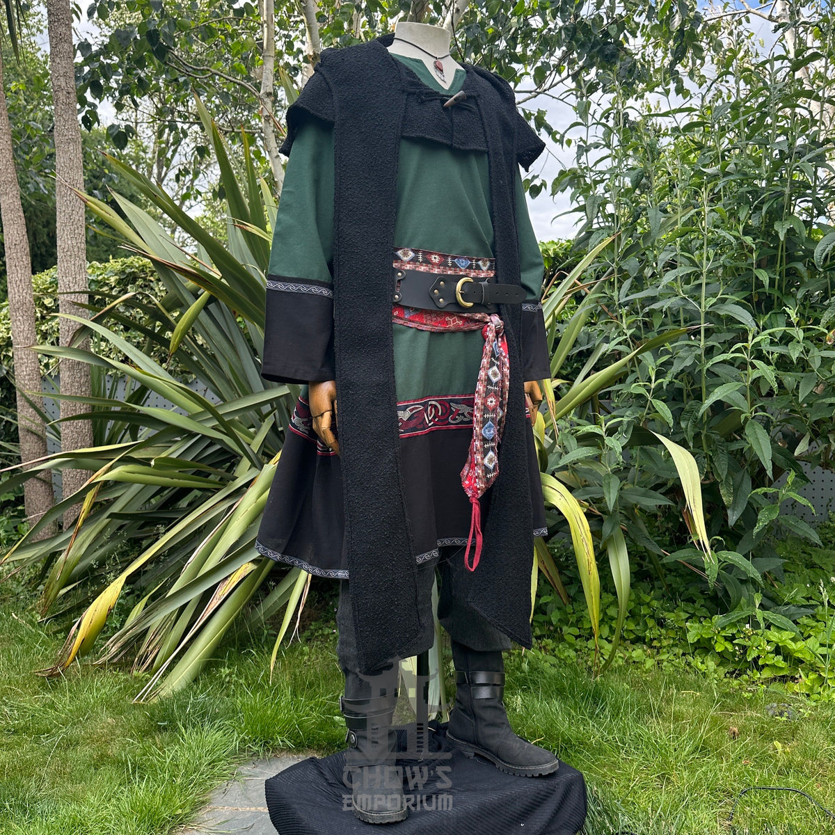 LARP medieval outfit with green tunic, black hood, trousers, sash.