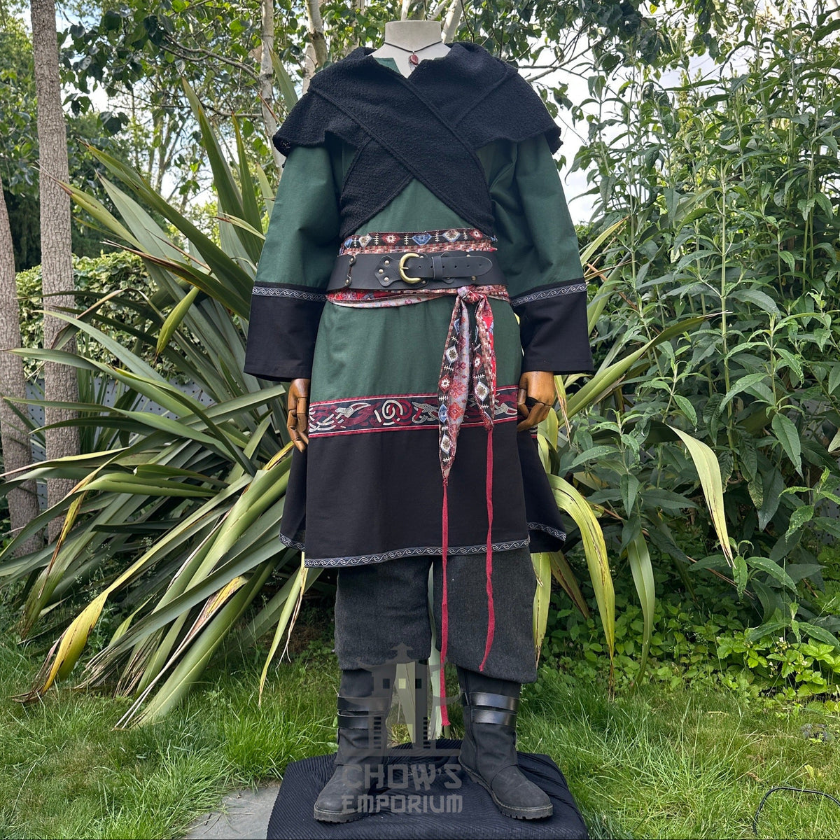 Medieval LARP attire with floral sash, viewed.