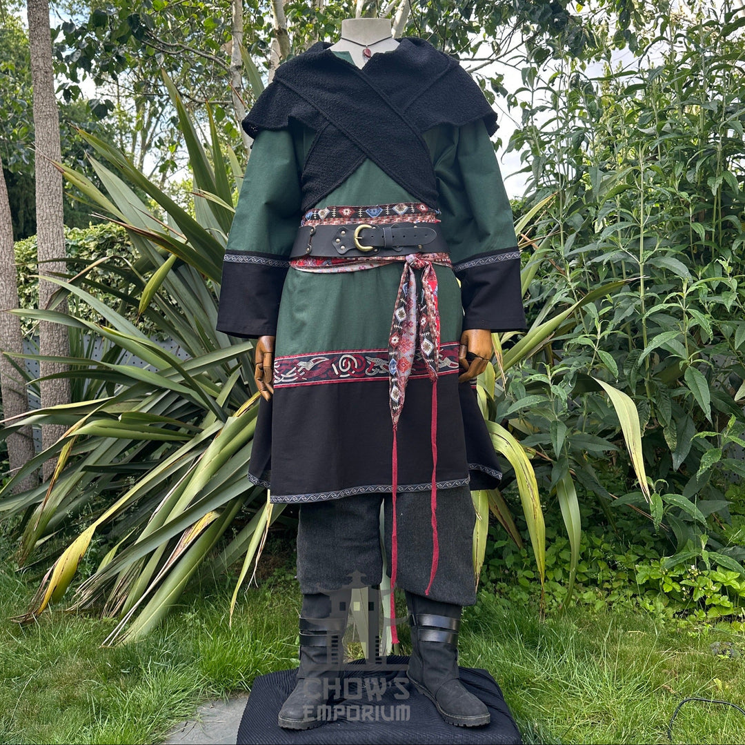 Medieval LARP attire with floral sash, viewed.