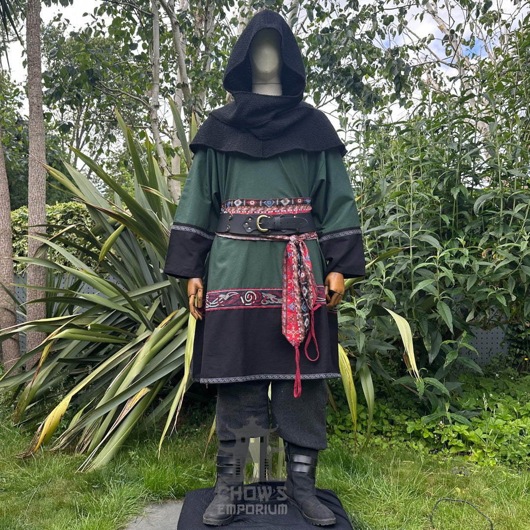 LARP green and black outfit with tunic, hood, trousers, sash, front view.
