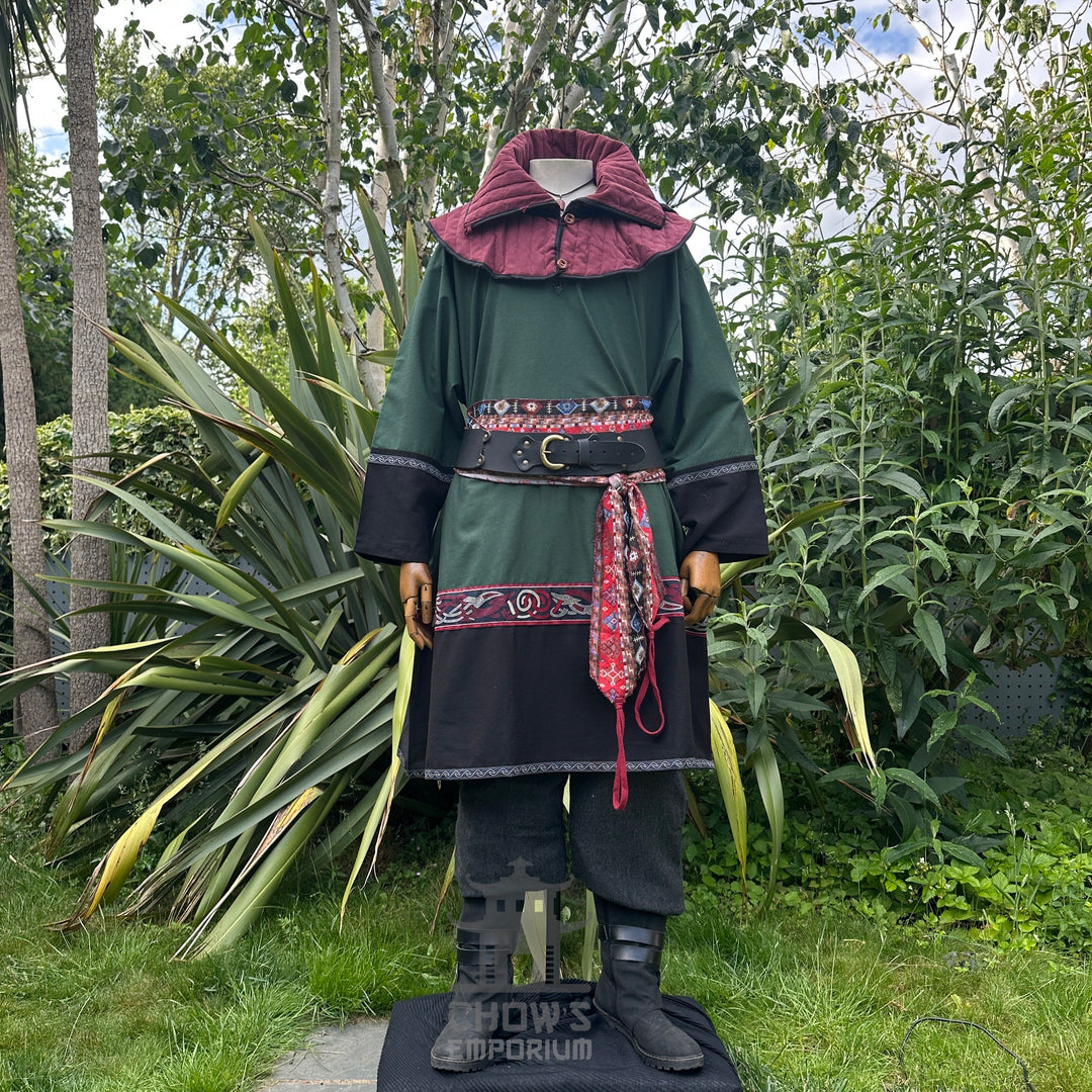 Green and black Viking tunic, front view for LARP.