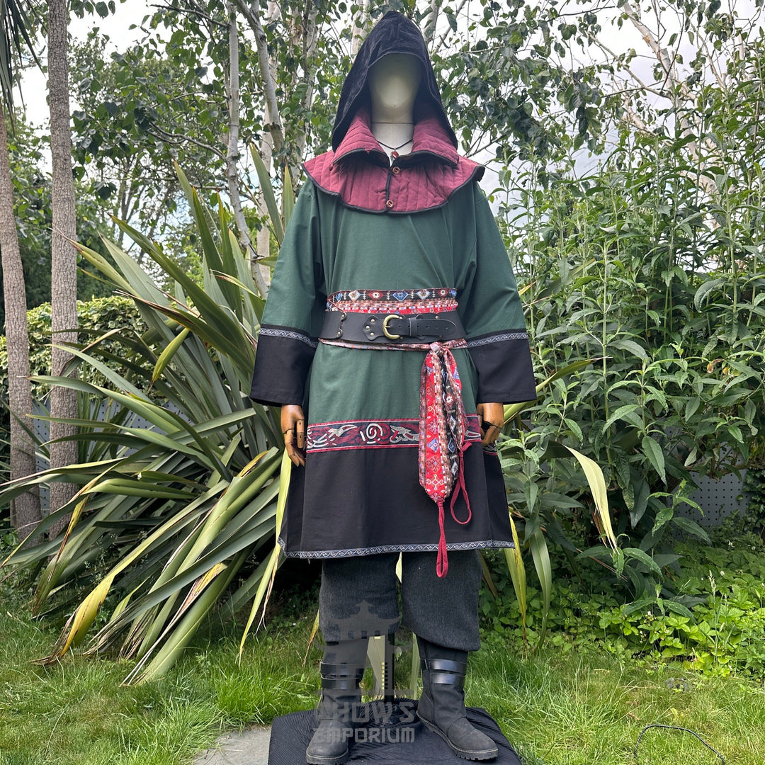 Green and black LARP tunic, trousers, and sash with medieval style.