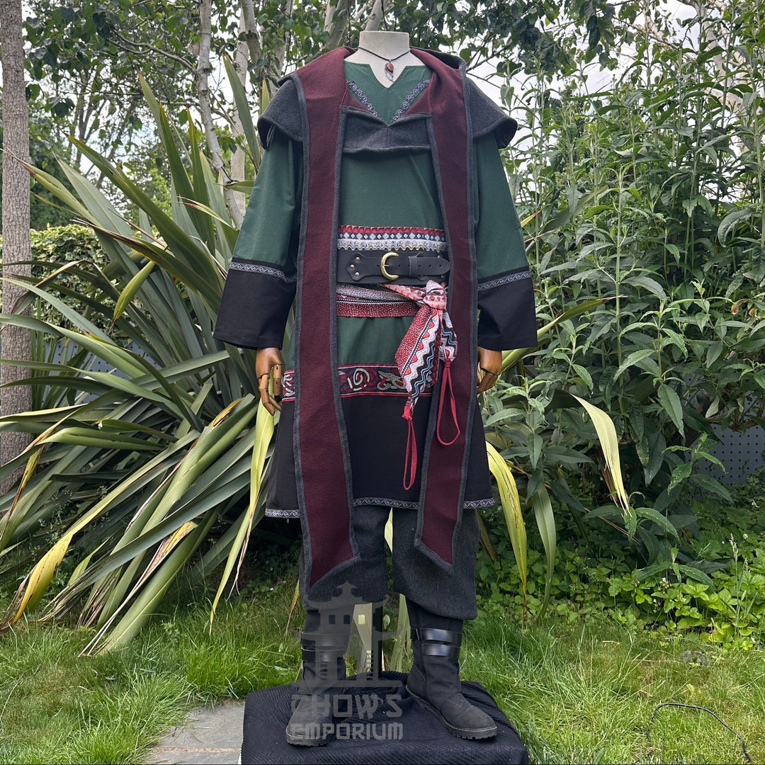 Green and black medieval LARP outfit with tunic, hood, trousers, sash.