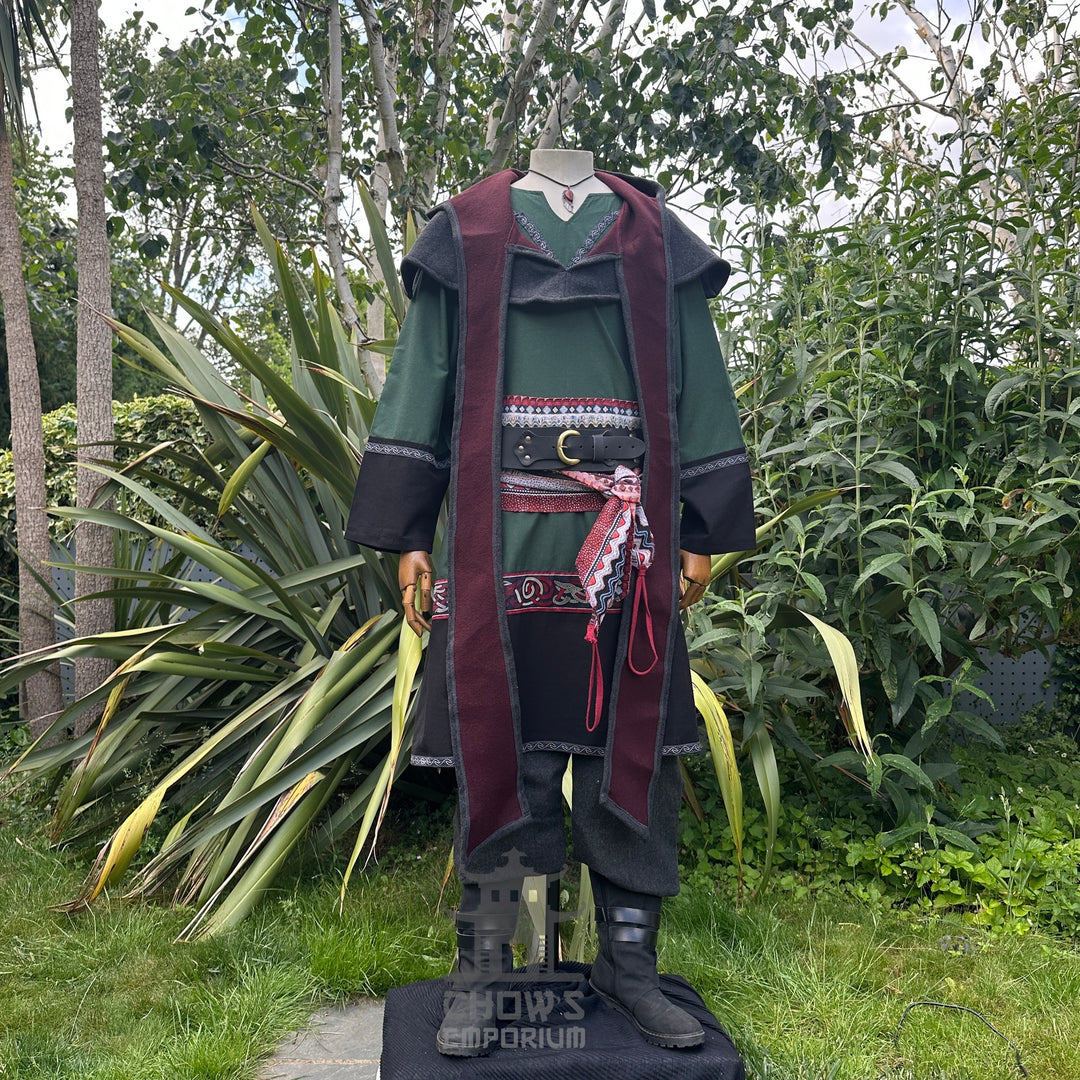Grey and maroon wool scarf hood for medieval LARP outfit, draped front.