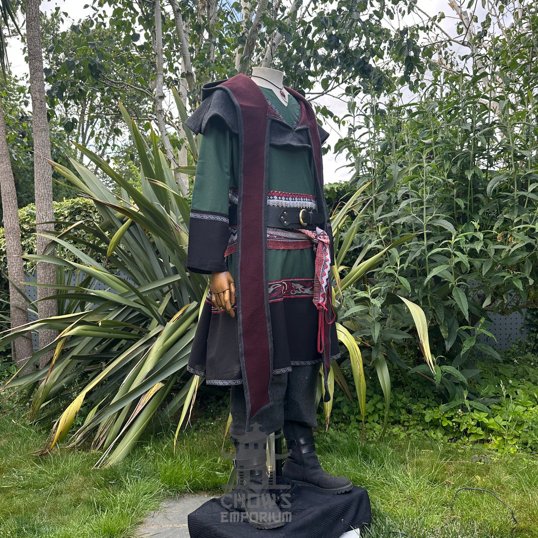 LARP grey and maroon wool scarf hood draped over green medieval attire.