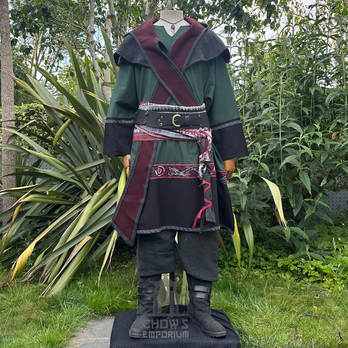 Viking tunic in green and black, front view, ideal for medieval LARP events.
