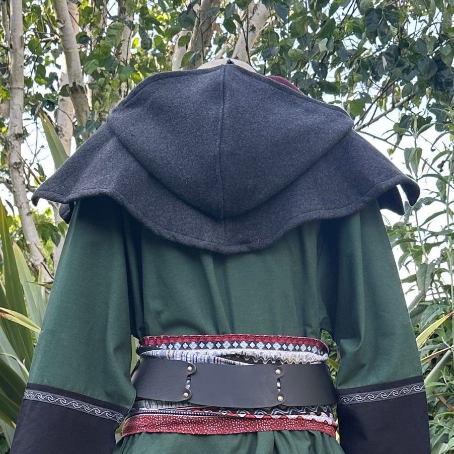 Grey and maroon wool LARP hooded scarf, rear view, medieval style.