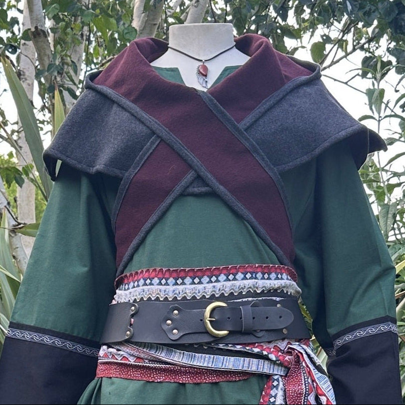Grey and maroon wool scarf hood for LARP medieval costume, front view.