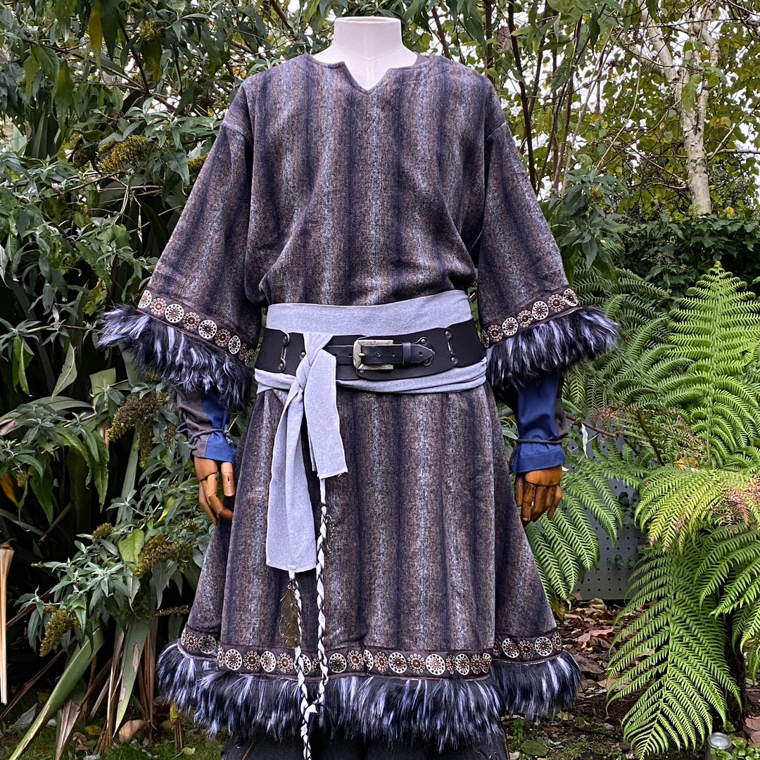LARP medieval warrior outfit set with grey tunic, hood, trousers, and sash.