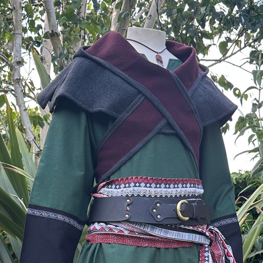 Grey and maroon wool scarf hood for LARP or medieval costumes.