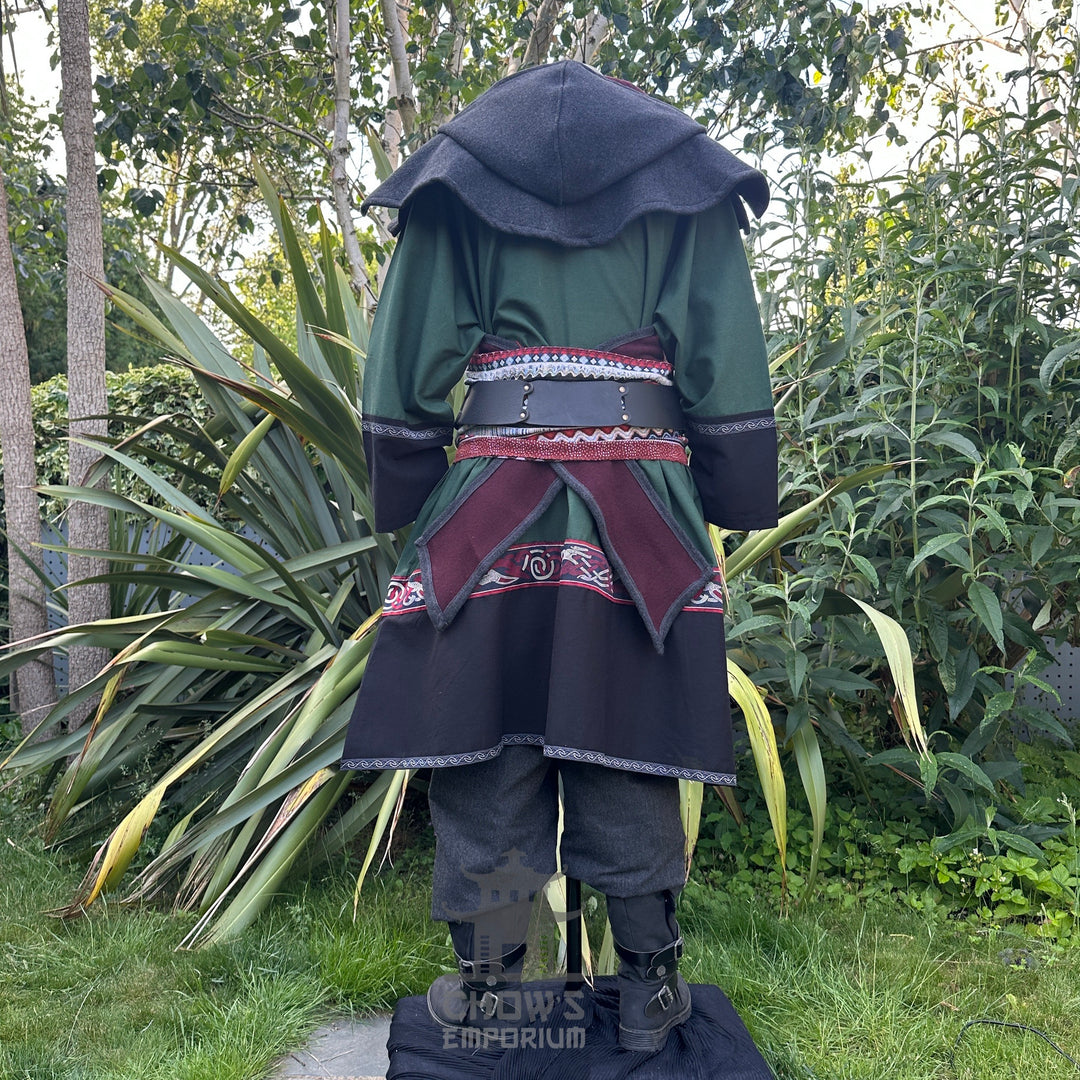 Green and black medieval LARP outfit, back view, tunic and hood detailed.