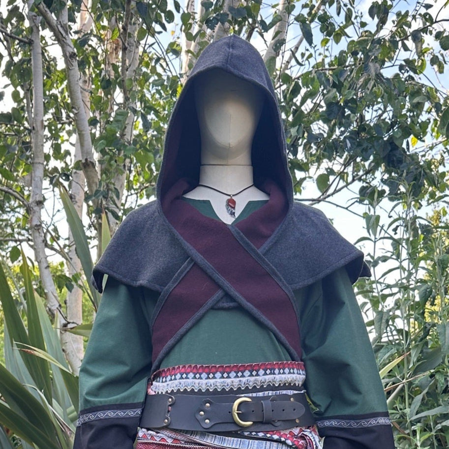 Grey and maroon wool scarf hood for LARP.