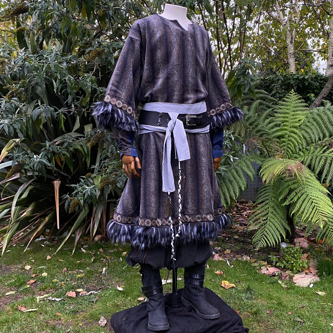 Arcane Warrior LARP outfit with tunic, hood, and sash, dark blue with fur trim.