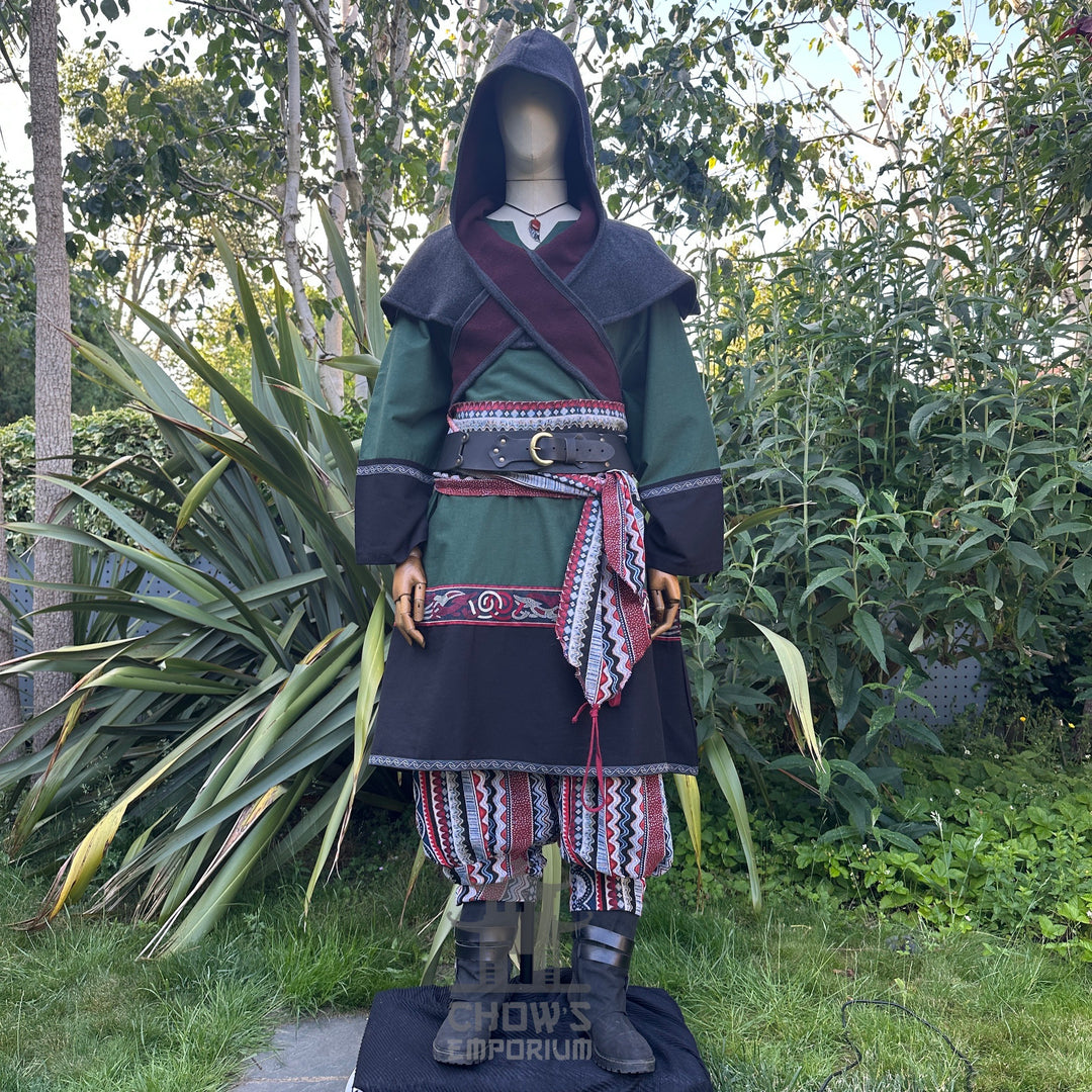 Viking green and black tunic with belt, front view, suitable for LARP events.