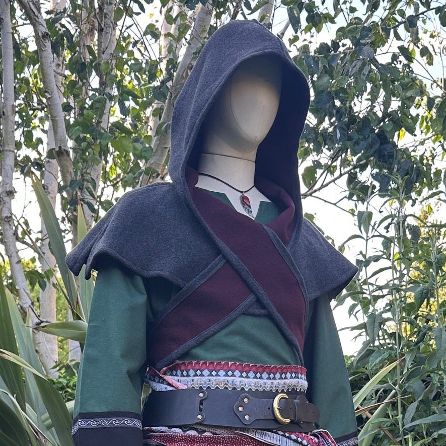 Grey and maroon wool hooded scarf for LARP, front view.