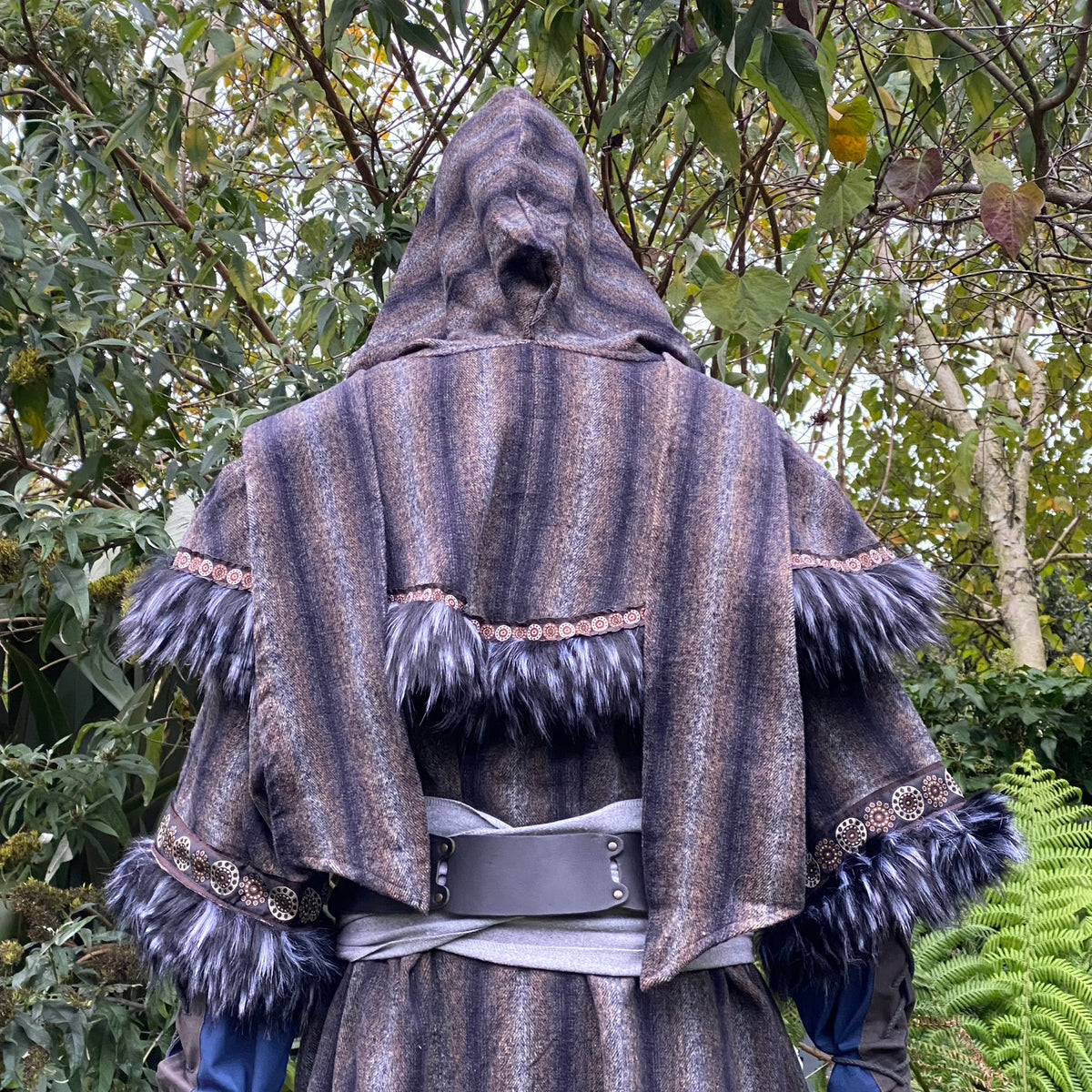 Arcane Warrior LARP Outfit - 3 Pieces; Blue and Grey Tunic, Mohair Hood, Sash.