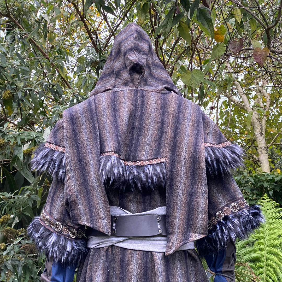 Arcane Warrior LARP Outfit - 3 Pieces; Blue and Grey Tunic, Mohair Hood, Sash.