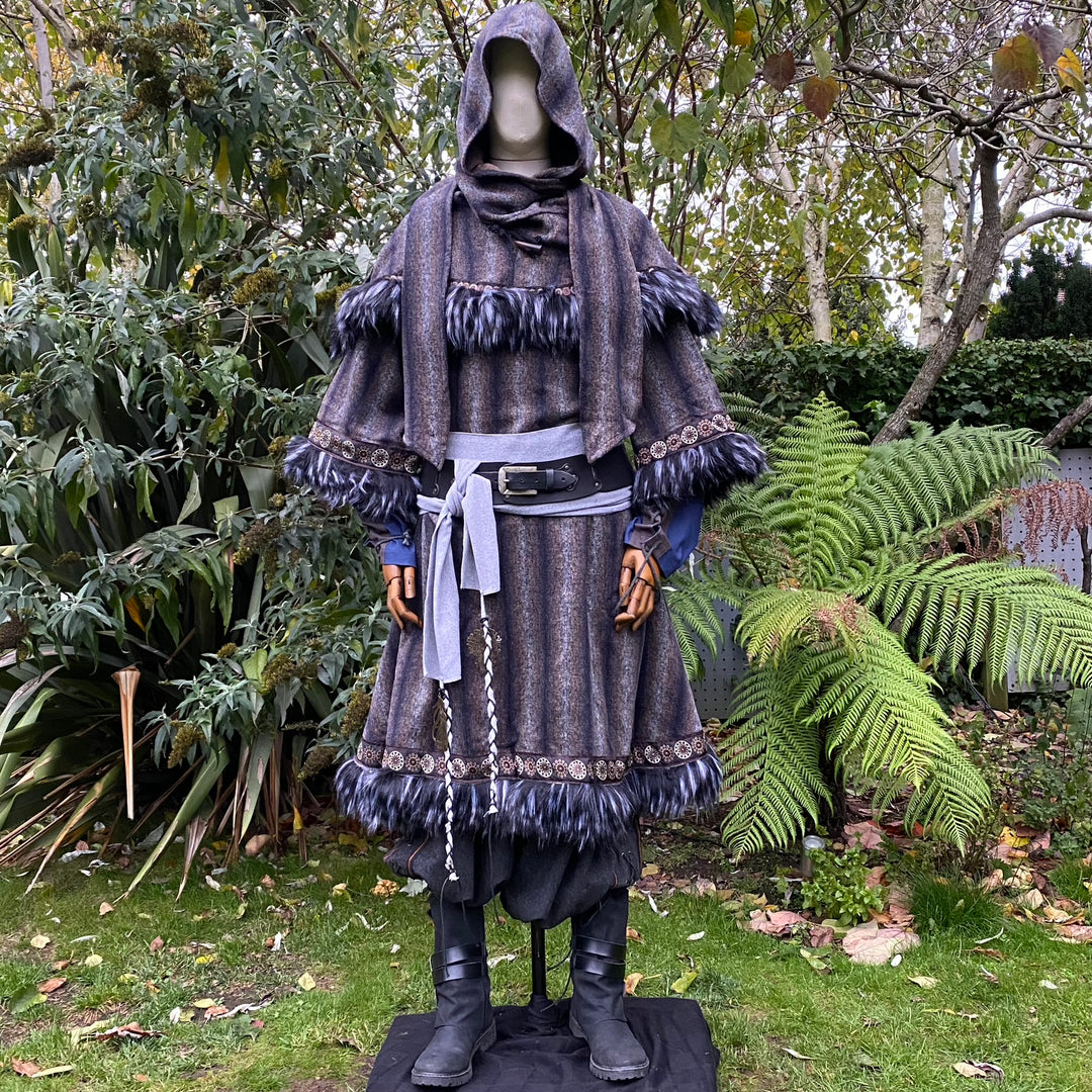 Grey arcane warrior LARP tunic, hood, and sash with fur trim.