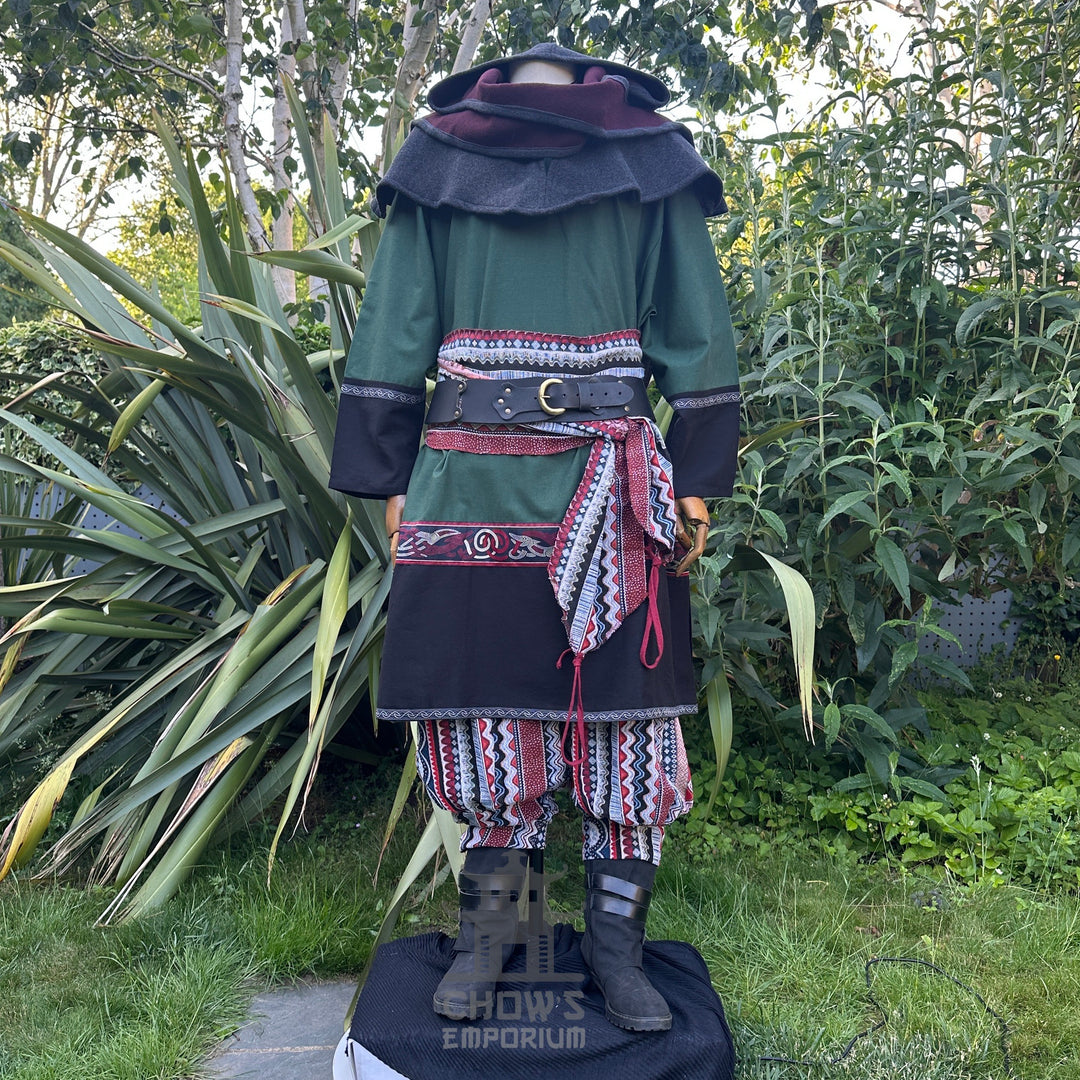 Green and black LARP tunic, reversible hood, trousers, sash, medieval style.