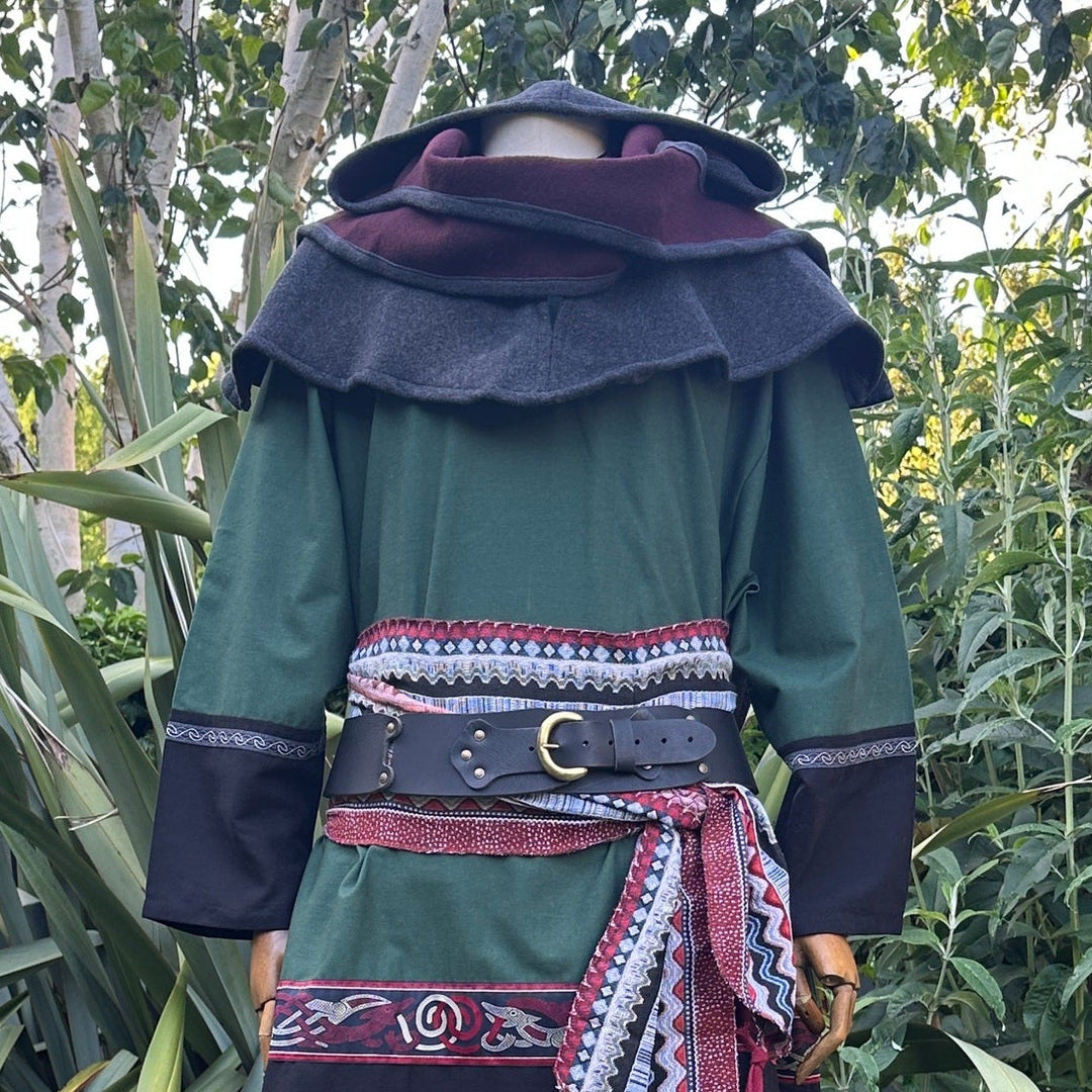 Grey and maroon wool scarf hood for medieval LARP, back view.