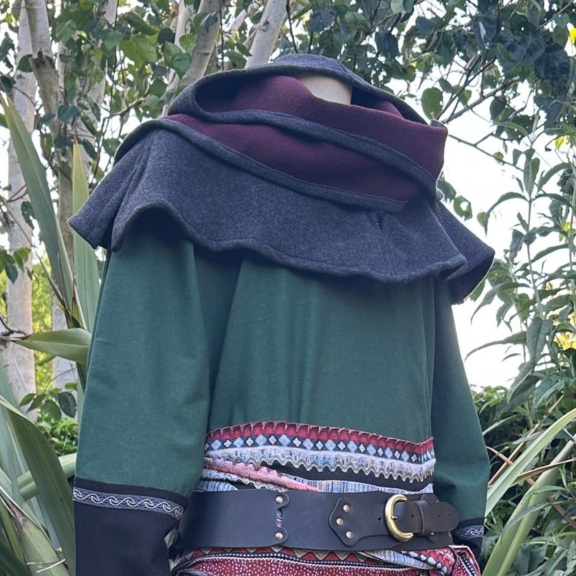 Grey and maroon wool scarf hood for LARP, medieval style, front view.