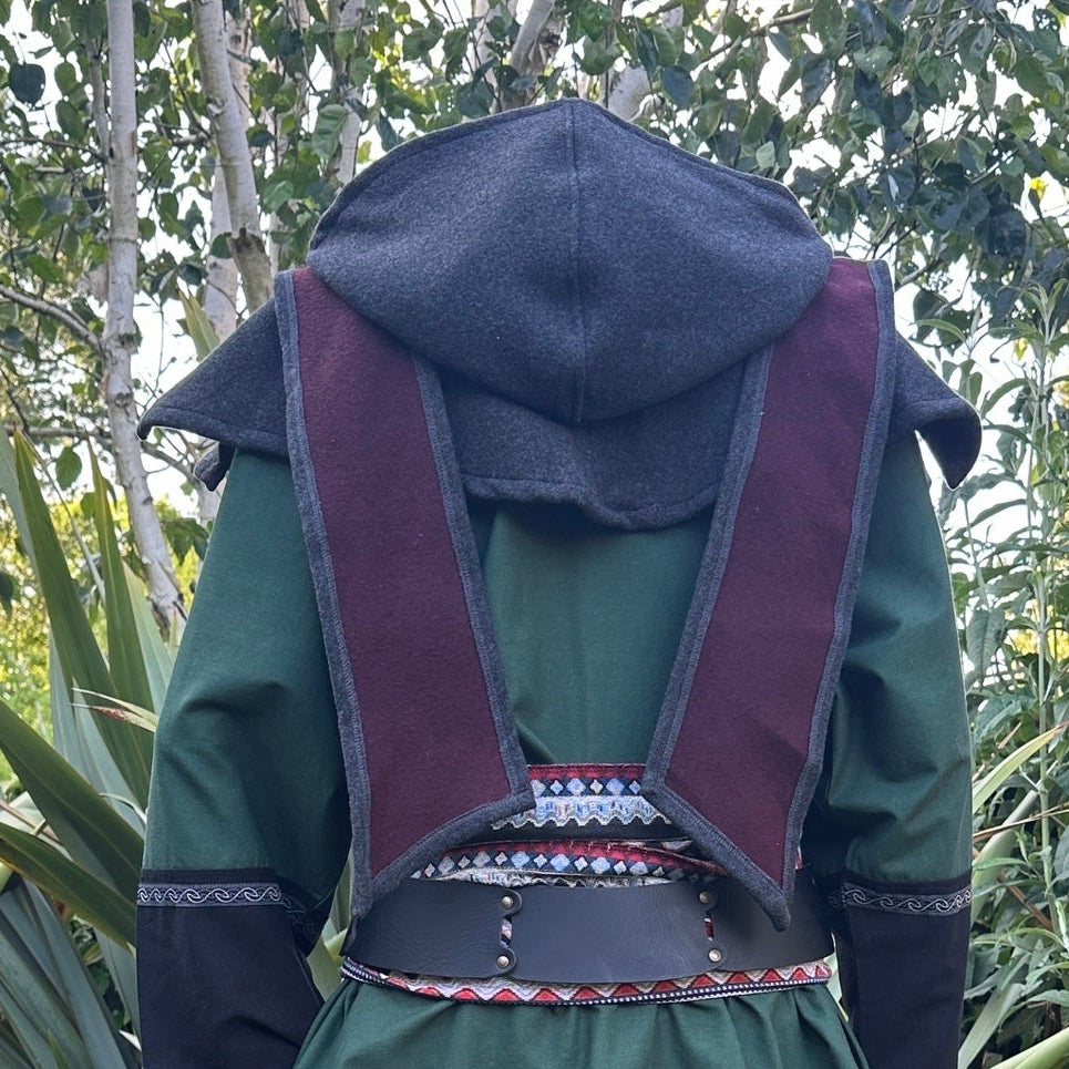 Grey and maroon wool scarf hood, back view, ideal for medieval LARP attire.