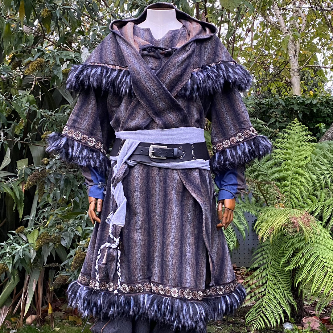 Medieval LARP tunic with fur trim, ornate belt, and hood.