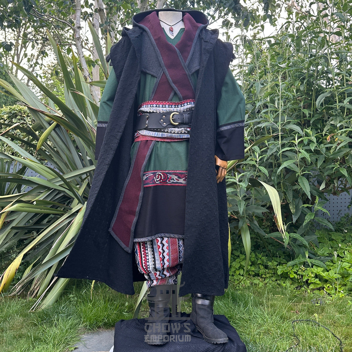 Medieval LARP costume front view featuring sleeveless robe, tunic, hood, pants, belt and sash.