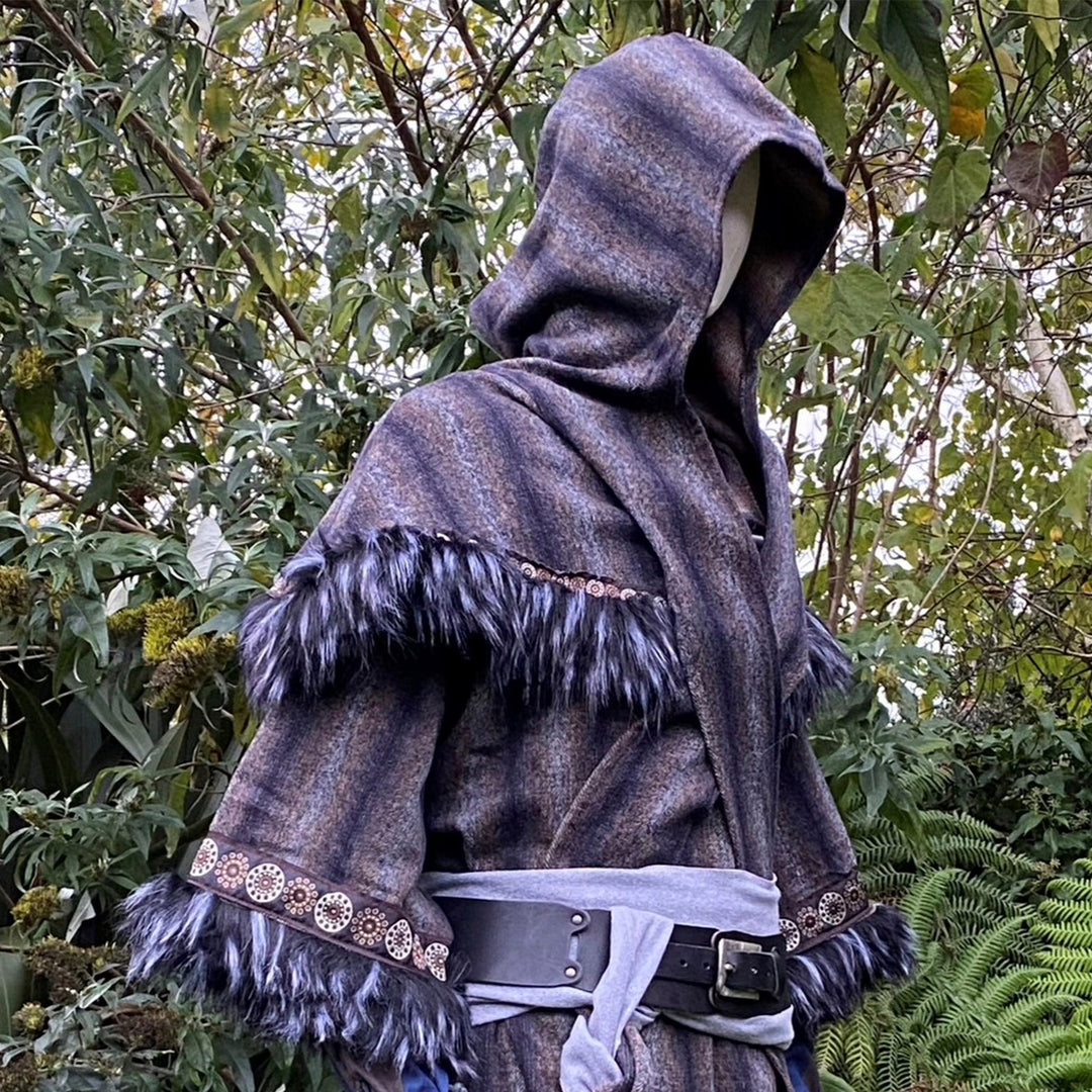 Arcane warrior LARP outfit with a hooded cloak in grey, detailed trim, side view.