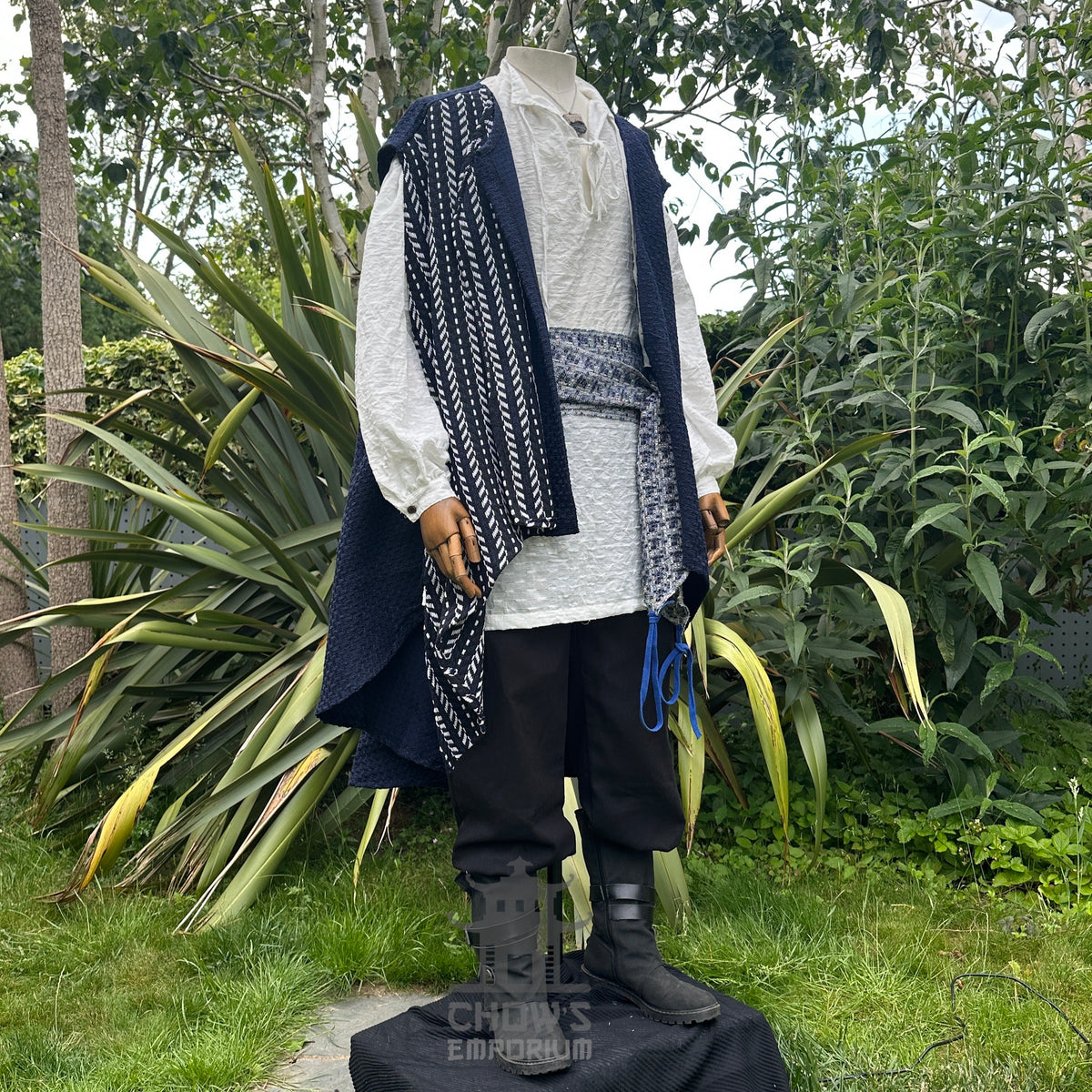 Angled open view of blue and white LARP waistcoat styled for pirate or fantasy character outfit.