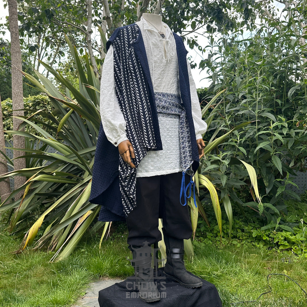 Angled open view of blue and white LARP waistcoat styled for pirate or fantasy character outfit.
