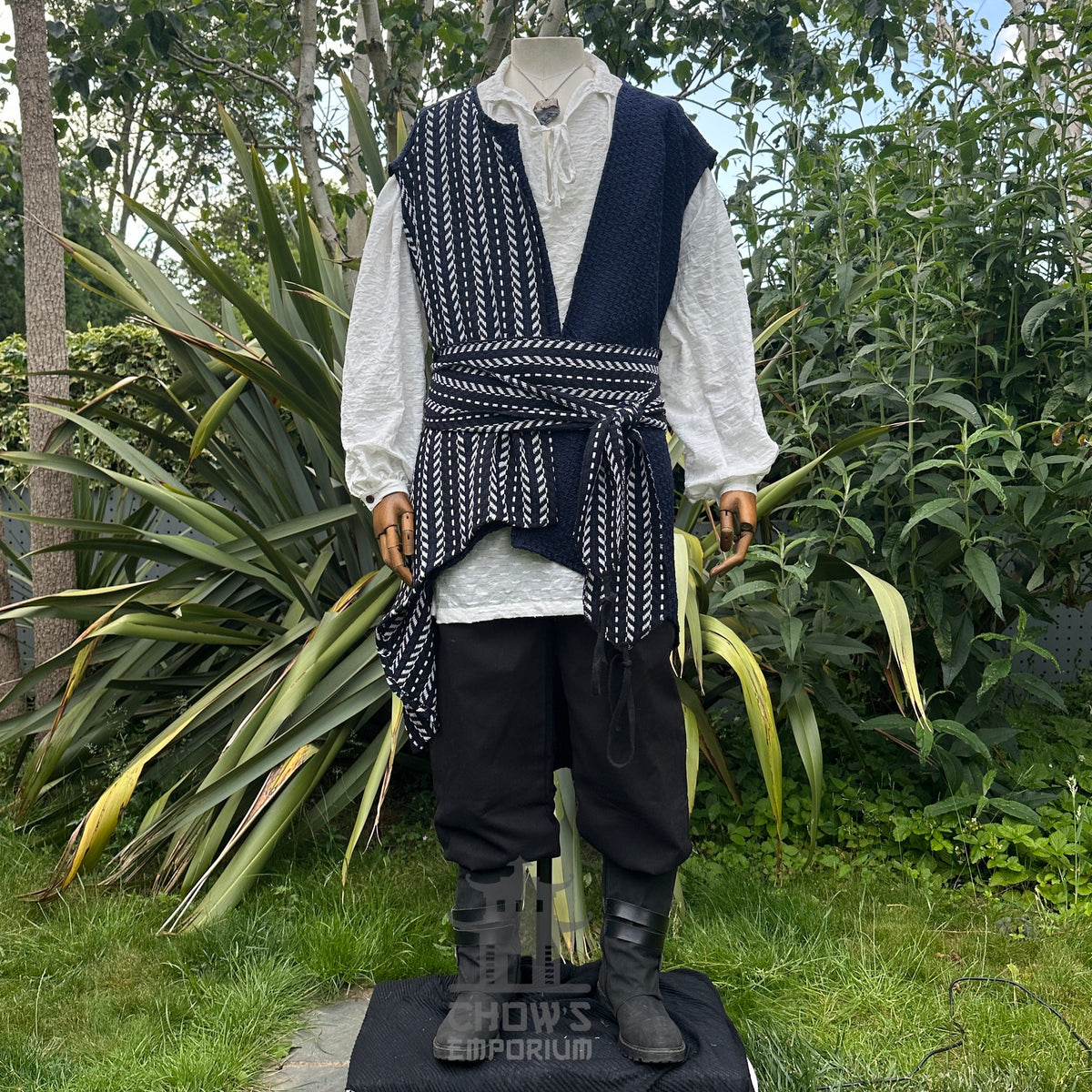 Pirate warrior LARP set with striped waistcoat, white shirt, black pants.