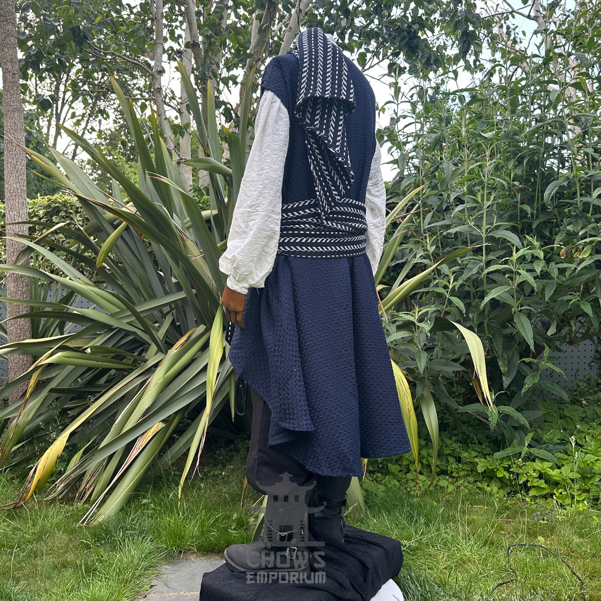Angled back view of pirate waistcoat with shoulder panel draped over.