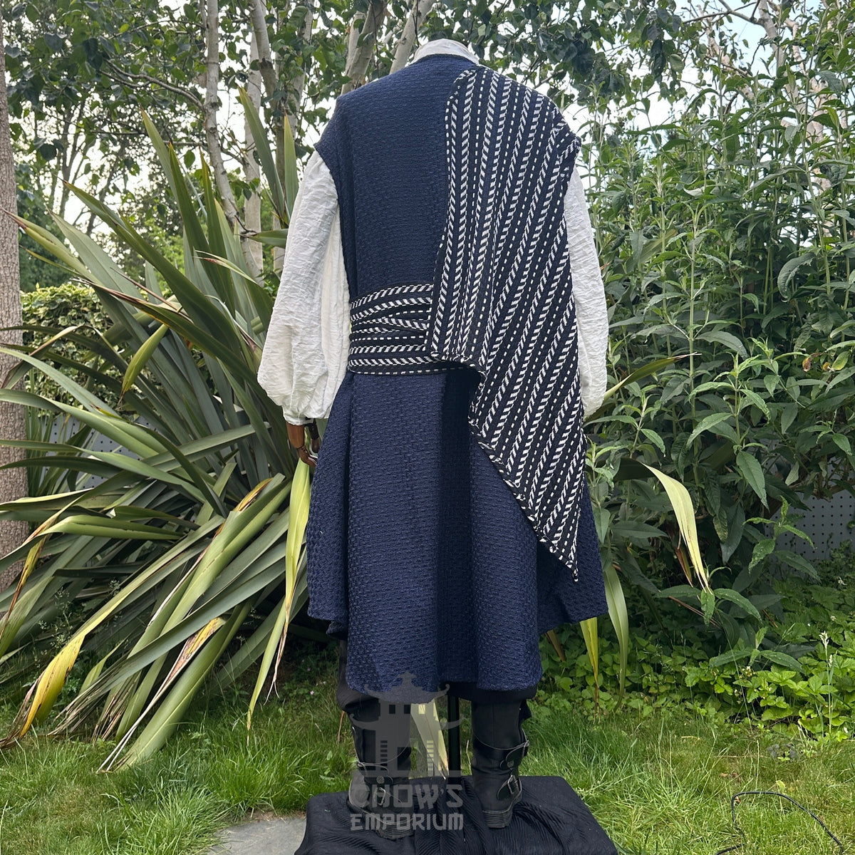 Navy textured LARP waistcoat with striped sash, rear view, medieval style.
